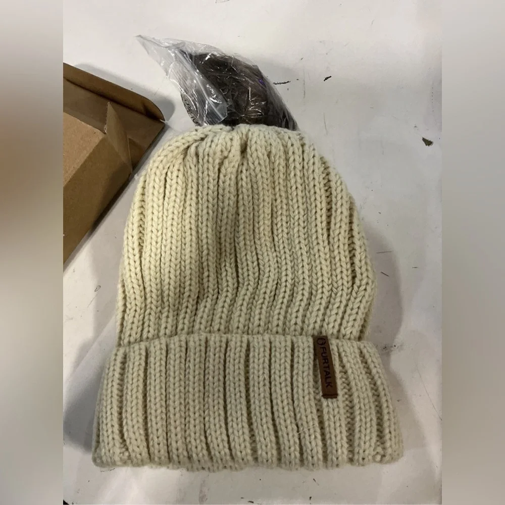 FURTALK Satin Lined Pom Pom Beanie Beige‎ Faux Fur Knit Hat New